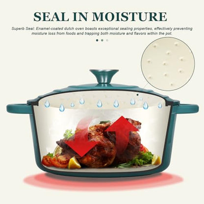 Overmont Enameled Cast Iron Dutch Oven - 7QT Pot with Lid Cookbook & Cotton Potholders - Heavy-Duty Cookware for Braising, Stews, Roasting, Sourdough Baking bottle green