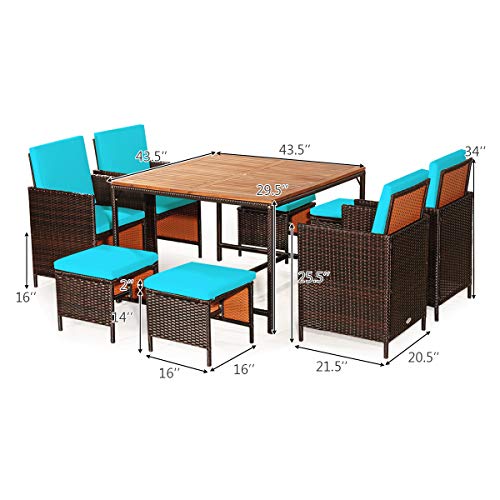 Tangkula 9 Pieces Acacia Wood Patio Dining Set, Space Saving Wicker Chairs and Wood Table with Umbrella Hole Outdoor Furniture Set, Suitable for Garden, Yard, Poolside, Outdoor Seating Set