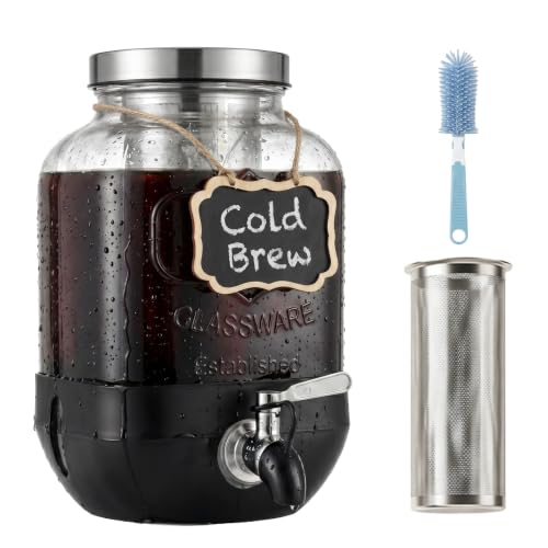 Cold Brew Coffee Maker With, Cold Brew Pitcher,1 Gallon Glass Pitcher With Stainless Steel Filter,304 Stainless Steel Leak-Proof Spigot,100% Leakproof,Large Iced Coffee Maker for Home, Easy to Use