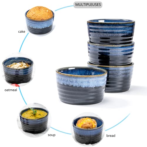 Henten Home Ceramic 8 oz Ramekins Set of 6, Porcelain Souffle and Creme Brulee Ramekins, Oven Safe Small Bowls, Reactive Glaze (Blue)