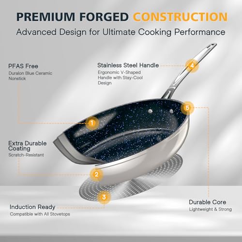 Nuwave 3-Piece 8”, 10”, 12” Forged Lightweight Frying Pan Set, G10 Healthy Duralon Blue Ceramic Ultra Non-Stick, Ergonomic Stay-Cool Handles, Induction-Ready & Works on All Cooktops