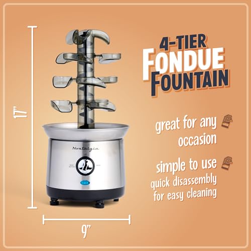 Nostalgia 4 Tier Electric Chocolate Fondue Fountain Machine for Parties - Melts Cheese, Queso, Candy, and Liqueur - Dip Strawberries, Apple Wedges, Vegetables, and More - 32-Ounce - Stainless Steel