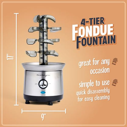 Nostalgia 4 Tier Electric Chocolate Fondue Fountain Machine for Parties - Melts Cheese, Queso, Candy, and Liqueur - Dip Strawberries, Apple Wedges, Vegetables, and More - 32-Ounce - Stainless Steel