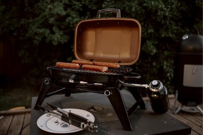 GasOne Tabletop Propane Grill – Portable Grill Propane with Heat Resistant Handles, Large Cooking Surface – User Friendly Temperature Control Knob Portable Gas Grill for RV, Camping, Home – Tan Brown