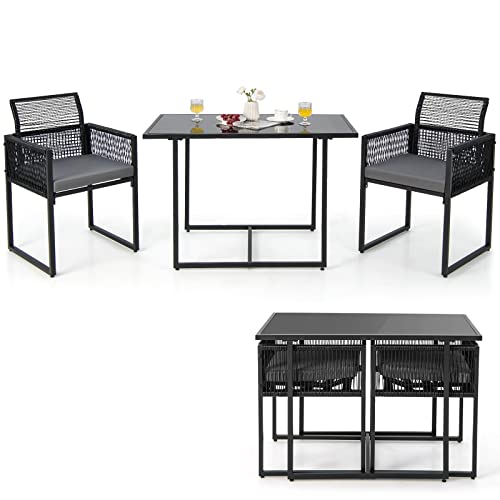 Tangkula 3 Pieces Outdoor Dining Set, Patio PE Rattan Furniture Set with Folding Backrest, Cozy Seat Cushions, Tempered Glass Tabletop, Space-Saving Rattan Chair Table Set for Backyard, Poolside