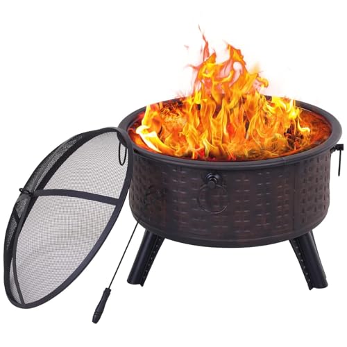 GRAND PATIO Fire Pits for Outside,Patio Outdoor Fire Pits, Round Deep Bonfire Wood Burning Fire Pit with Spark Screen Cover Safe Mesh Lid and Poker
