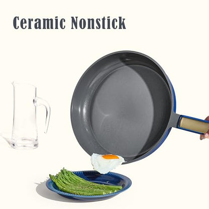 CAROTE Ceramic Cookwar Set, Pots and Pan Set Non Stick 16 Piece, Cookware Set Kitchen Cooking Set Non Toxic, PFAS PTFE Free, Blue