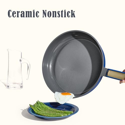 CAROTE 9.5'' and 11'' Nonstick Ceramic Frying Pan Skillet, Non Stick Skillet with Heat Resistant Handle, Healthy & PFOA/PFAS Free, Induction-Compatible,Dishwasher Safe & Includes Silicone spatula,Blue