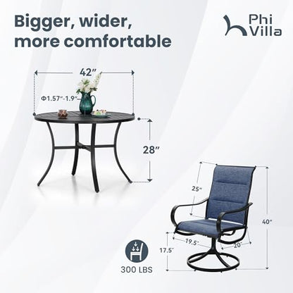 PHI VILLA 5 Piece Outdoor Patio Dining Set with 4 Padded Swivel Dining Chairs & 1 Large Round Dining Table, All Weather Blue Chair and Metal Table for Deck Lawn Garden