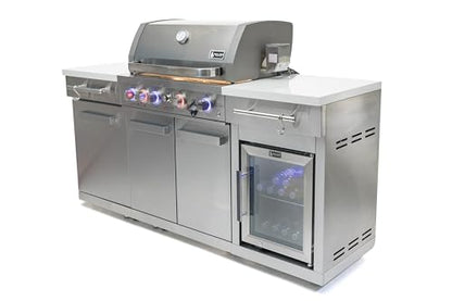 Mont Alpi Premium 70"W x 24"D Stainless Steel Compact Outdoor Kitchen Island with Refrigerator + 32"W 4-Burner BBQ Grill with Infrared Rotisserie Burner + Storage Cabinets + White Granite Countertops