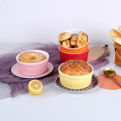 YAZYLIFE Ramekins 4oz,Creme Brulee Ramekins and Souffle Dishes,Porcelain Oven Safe Baking Bowls,Pudding Cups,Dipping bowl,Set of 6,Color