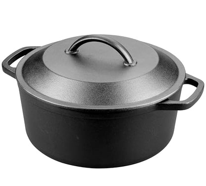 VORRINGARD Pre-Seasoned Cast Iron Dutch Oven with Lid, Round and Dual Handles, for Stovetop, Camping, Grill, Induction, Electric, Black, 6qt