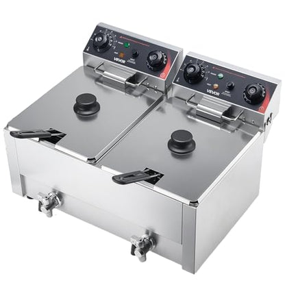 VEVOR Commercial Electric Deep Fryer, Upgrade Dual Tank 19 Qt, 3500W Stainless Steel Countertop Fryer with Baskets & Lids, Temp Control, Timer, Overheat Protection, for Commercial Restaurant, Silver