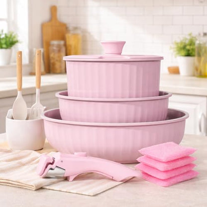 Vivicreate 11 Piece Pots and Pans Set Nonstick with Removable Handle, Induction Cookware, Stackable Kitchen Set for RV Camping Apartment, Frying Pan and Saucepan (Pink)
