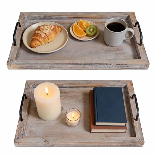 Besti Rustic Vintage Food Serving Trays (Set of 2) | Nesting Wooden Board with Metal Handles | Stylish Farmhouse Decor Serving Platters | Large: 15 x2 x11” - Small: 13 x2 x9” inches (Rustic)