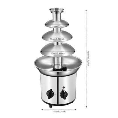 4 Tier Electric Chocolate Fondue Fountain Machine for Parties - 430 Stainless Steel Melts Cheese, Queso, Candy- Dip Strawberries, Apple and More - 60-Ounce/1.8L - 40℃/104℉ Heating Temperature