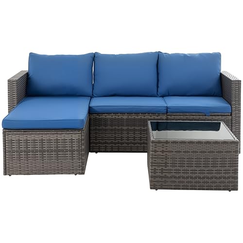 Shintenchi Outdoor Sectional Patio Furniture Set 4-Piece, All-Weather PE Rattan Sofa Couch with Cushions & Storage Coffee Table for Yard, Garden, Porch, Poolside (Blue)