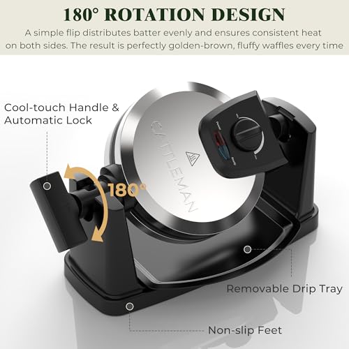 CATTLEMAN Waffle Maker, Rotating Belgian Waffle Maker with Magnetic Timer, 180° Flip Waffle Iron, Nonstick Plates, Adjustable Browning, Drip Tray, Cool Touch Handle for Crispy Family Breakfast