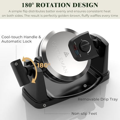 CATTLEMAN Waffle Maker, Rotating Belgian Waffle Maker with Magnetic Timer, 180° Flip Waffle Iron, Nonstick Plates, Adjustable Browning, Drip Tray, Cool Touch Handle for Crispy Family Breakfast