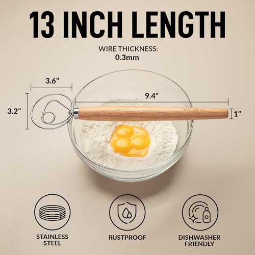 Zulay Kitchen 13-Inch Danish Dough Whisk - Stainless Steel Wooden Whisk with Dough Hook - Sourdough Whisk for Bread, Pizza, Pastry, Cake Batter & More - Wood