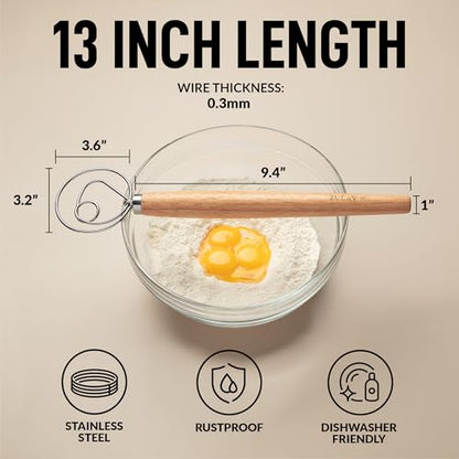 Zulay Kitchen 13-Inch Danish Dough Whisk - Stainless Steel Wooden Whisk with Dough Hook - Sourdough Whisk for Bread, Pizza, Pastry, Cake Batter & More - Wood
