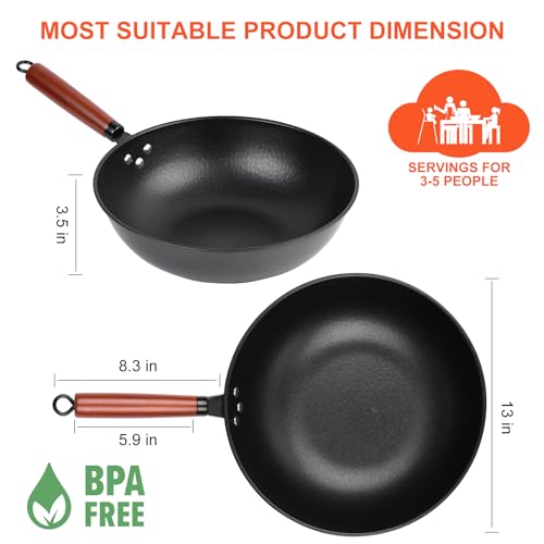 13" Nonstick Wok - Wok Pan with Glass Cover, Carbon Steel Woks & Stir-Fry Pans: Flat Bottom Chinese woks for Electric, Induction, Gas, All Stoves