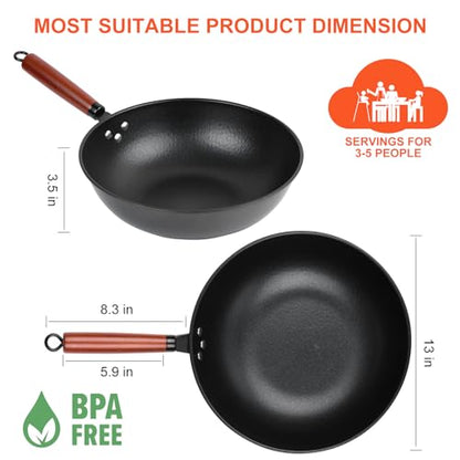 13" Nonstick Wok - Wok Pan with Glass Cover, Carbon Steel Woks & Stir-Fry Pans: Flat Bottom Chinese woks for Electric, Induction, Gas, All Stoves