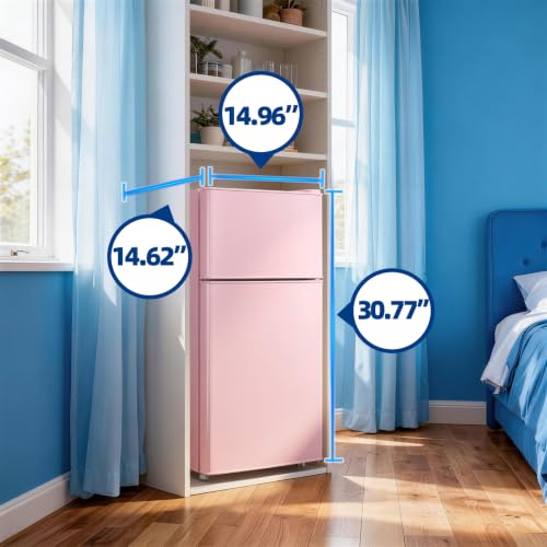 DEMULLER 45L Personal Double‑Door Mini Fridge With Freezer, Pink