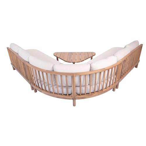 Merax 5 Piece Patio Outdoor Furniture Set, All Weather 118" Half Moon Sectional Sofa with Acacia Wood Frame & Waterproof Cushions,1 Coffee Table for Garden,Lawn,Backyard,Poolside,Beige+Light Teak