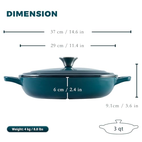 Flavehc Braiser Enameled Cast Iron Braiser 3 qt Braiser Pan with Lid DarkCyan Shallow Cast Iron Casserole Braiser Pan with Handels