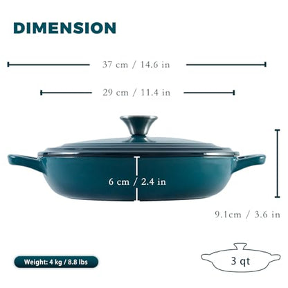 Flavehc Braiser Enameled Cast Iron Braiser 3 qt Braiser Pan with Lid DarkCyan Shallow Cast Iron Casserole Braiser Pan with Handels