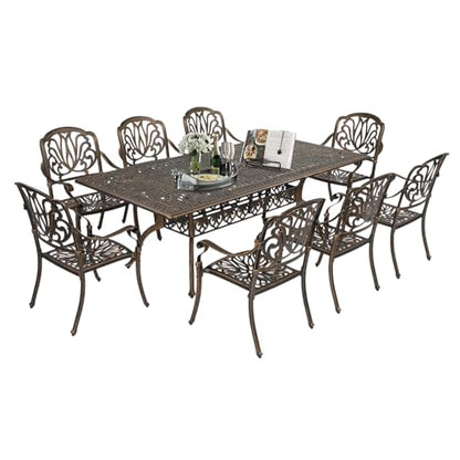 VINGLI 9-Piece Cast Aluminum Outdoor Dining Set for 8, Rectangular Patio Table with Umbrella Hole & 8 Stackable Chairs, All-Weather Garden/Poolside Furniture