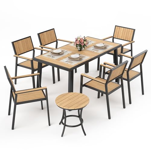PATIOPIA 8-Piece Patio Dining Set, Outdoor Weather-Resistant Plastic-Wood Table & 6 Stackable Chairs, Outdoor Durable Aluminum Frame Furniture for Garden, Poolside, Backyard, Orange