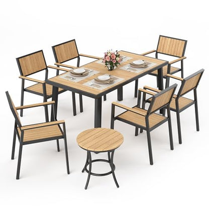 PATIOPIA 8-Piece Patio Dining Set, Outdoor Weather-Resistant Plastic-Wood Table & 6 Stackable Chairs, Outdoor Durable Aluminum Frame Furniture for Garden, Poolside, Backyard, Orange