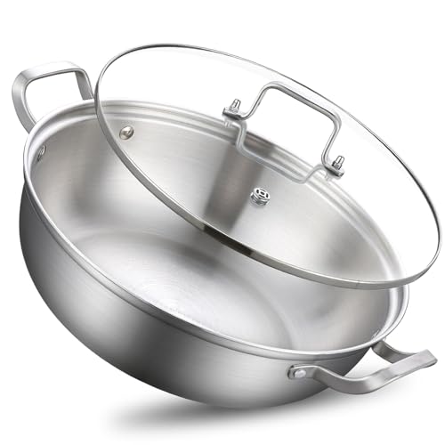 Yeksum Tri-Ply Stainless Steel Saute Pan,Deep Frying Pan with lid,Compatible with All Cooktops Up to 650℉, Everyday Pan,Hot Pot,Kadhai,Induction Cooking Pot,Dishwasher and Oven Safe. (5QT)