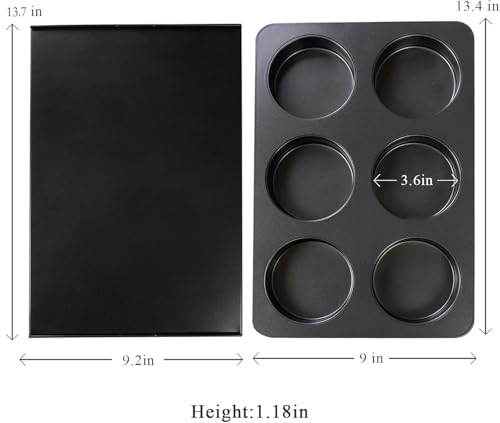 Elesinsoz 6 Cup Straight Side Jumbo English Muffin Cupcake Pan with Lid, Nonstick Hamburger Burger Bun Mold Muffin Pan for Baking Egg Sandwich Frittata Cinnamon Roll Focaccia Quiche Pancake
