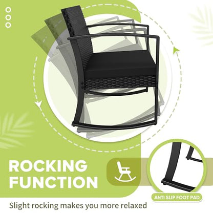 Homall Patio Furniture Set 3 Piece Resin Outdoor Bistro Set Rocking Patio Chairs with Cushions and Table for Porch, Poolside, Balcony and Yard (Black)