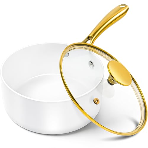 MICHELANGELO 2 Quart Saucepan with Lid, Nonstick Ceramic Sauce Pan with Ergonomic Handle, 2 Qt Small Pot, Oven-Safe, Induction-Compatible, White