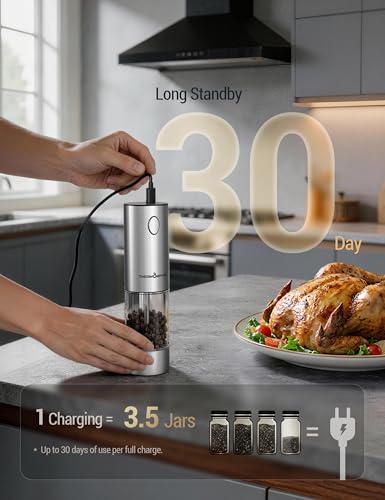 ThermoMaven Upgraded Larger Capacity Electric Salt and Pepper Grinder Set, 110ml Rechargeable Salt and Pepper Shaker with LED Light, Stainless Steel Automatic Pepper Mill with 6 Adjustable Coarseness