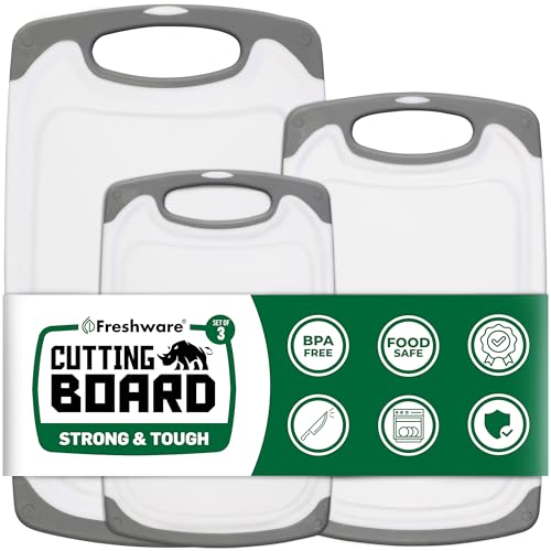 Freshware Cutting Boards for Kitchen, Chopping Board 3-Pack with Different Sizes, Juice Grooves and Non Slip Handles - Reversible, Large Cutting Board Set - Dishwasher Safe - Gray