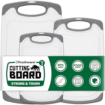 Freshware Cutting Boards for Kitchen, Chopping Board 3-Pack with Different Sizes, Juice Grooves and Non Slip Handles - Reversible, Large Cutting Board Set - Dishwasher Safe - Gray