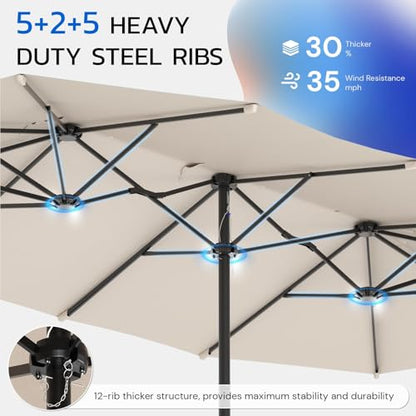 AECOJOY 15x9ft Large Patio Umbrella, Double-Sided Umbrella Outdoor Patio, Rectangle Market Table 177''x104'' Umbrellas with Crank Air Vents for Deck Pool Patio (1.9" Pole, Tan)