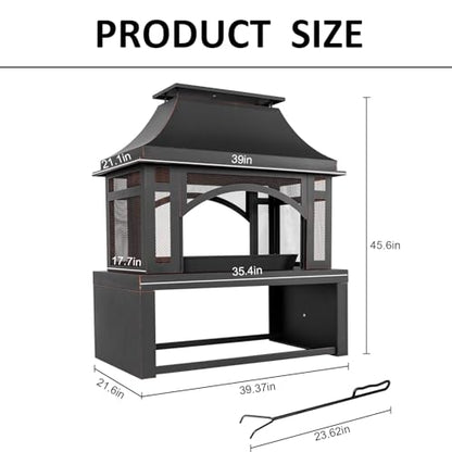 39" Fire Pits with Wood Storage for Outside, Large Wood Burning Outdoor Fireplace with Chimney, Mesh Spark Screen & Fire Poker, Idea for Backyard, Patio, Party, Camping, Picnic