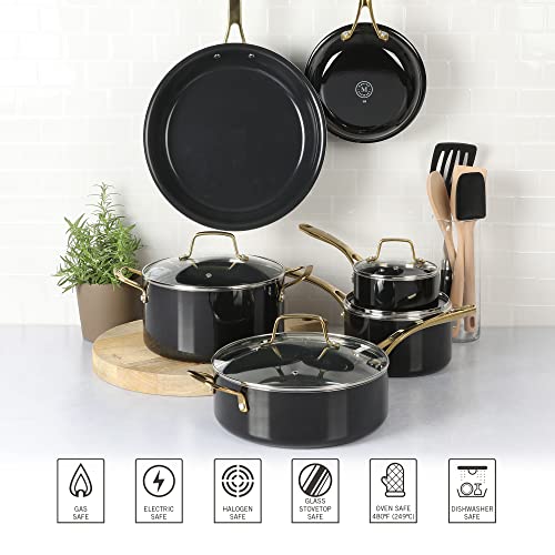 Martha Stewart Lockton 14 Piece Premium Non-Stick Heavy-Gauge Aluminum Cookware Combo Set (Pots, Pans, and Tools) - Black w/Gold Handles