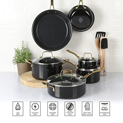 Martha Stewart Lockton 14 Piece Premium Non-Stick Heavy-Gauge Aluminum Cookware Combo Set (Pots, Pans, and Tools) - Black w/Gold Handles