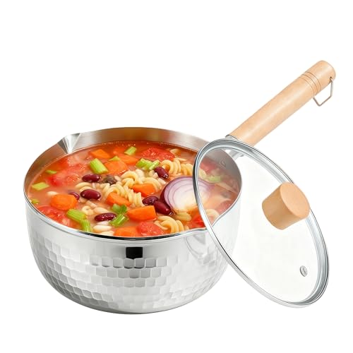 2 Quart Sauce Pan with Lid, Stainless Steel Saucepan with Dual Pour Spouts, Small Sauce Pot with Cool-Touch Wood Handle