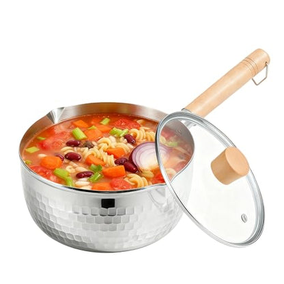2 Quart Sauce Pan with Lid, Stainless Steel Saucepan with Dual Pour Spouts, Small Sauce Pot with Cool-Touch Wood Handle