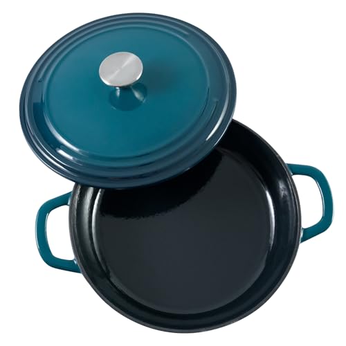 Flavehc Braiser Enameled Cast Iron Braiser 3 qt Braiser Pan with Lid DarkCyan Shallow Cast Iron Casserole Braiser Pan with Handels