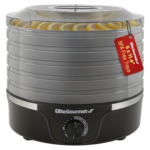 Elite Gourmet EFD319BNG Food Dehydrator, 5 BPA-Free 11.4" Trays Adjustable Temperature Controls, Jerky, Herbs, Fruit, Veggies, Dried Snacks, Black and Grey, 5 Trays
