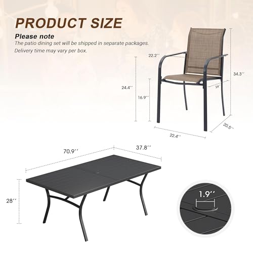 VICLLAX 9 Pieces Patio Outdoor Dining Set, 70" Outdoor Rectangular Metal Dining Table with Umbrella Hole and 8 Stackable Textilene Chairs for Lawn, Garden, Porch, Black/Brown